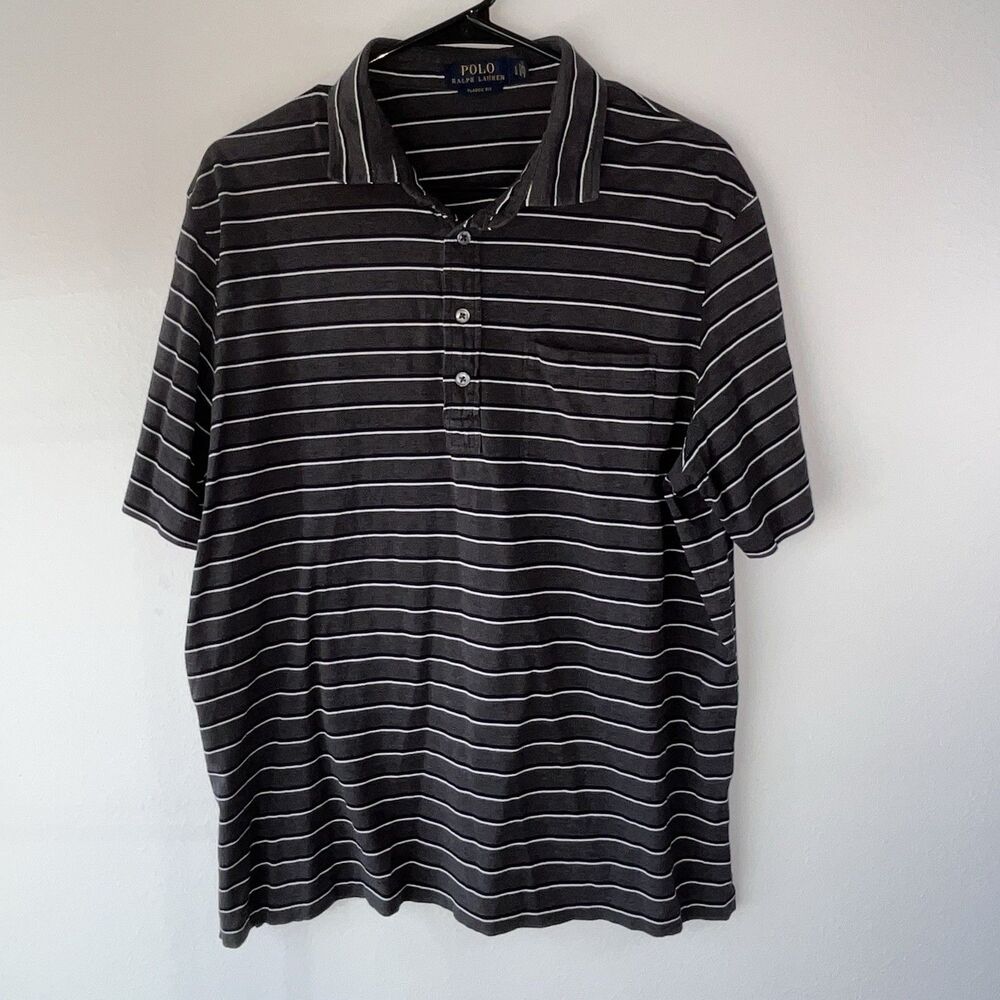 Polo Ralph Lauren Classic Fit Gray/White Striped Short Sleeve Polo L Pocket
